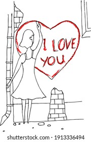 a black and white sketch from the hand of a girl drawing a declaration of love with red lipstick on the step
