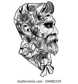 Black and white sketch of the head man in the vector with flowers.