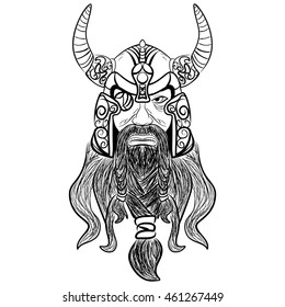 Black and white sketch of head a Viking god Odin Sketch Vector illustration