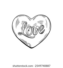 Black and white sketch of a heart with the inscription Love, hand drawn . In the style of engraving, sketch, tattoo. 