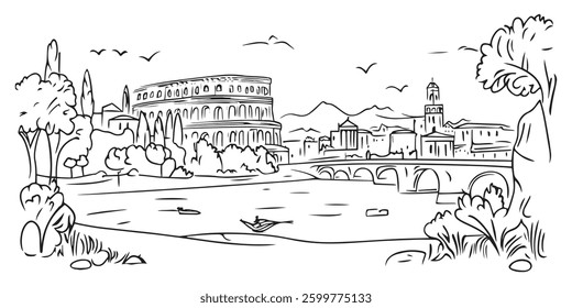 black and white sketch of historic Rome landscape with Colosseum