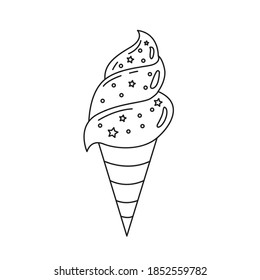 Black and white sketch of ice cream. Clip art. Suitable for postcards, flyers, banners, invitations. Vector illustration for art therapy, antistress coloring book for adults and children.