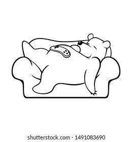 Black and White Sketch illustration Bear Sleeping on a Couch with Game Controller