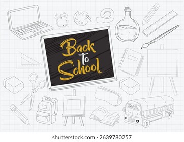 Black and white sketch illustration featuring Back to School lettering on a blackboard surrounded by school supplies like a laptop, backpack and a school bus drawing.