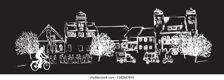 Black and white sketch illustration of Kalibesar Jakarta, Indonesia