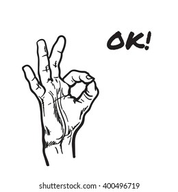 Black and white sketch illustration of one hand showing fingers OK icon, concept that all is well