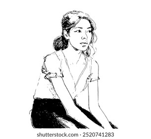 Black and white sketch illustration of a seated young beautiful woman in three quarters view