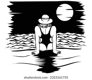 black and white sketch illustration vector design of a beachside scene where a woman is sitting in a swimsuit looking up at the moon and stars at night