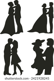 Black and white sketch image of kissing couple set. Lovers, kiss. Valentine's Day. 
Full length of silhouette couple doing various activities white background, Vector illustration.