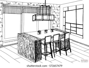 Black and white sketch of interior design project. Hand drawn graphic vector illustration of modern dining and bar area in a lounge in front of panoramic window. Loft style