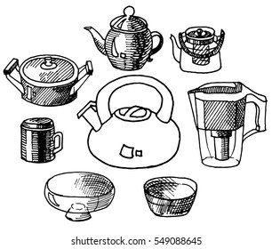 Black and white sketch of kitchenware.