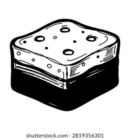 Black and white sketch of a layered sponge cake slice with icing and holes, emphasizing texture and structure in a simple artistic style.