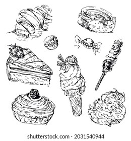 Black and white sketch lineart pack set for stickers with sweet candies, cakes and buns croissant Cinnabon cinnamon roll macaron lollipop icecream meringue strawberry cake raspberry tartlet for bakery