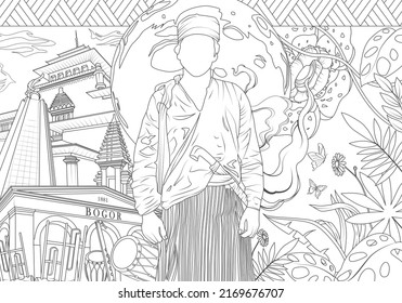 Black and white sketch of the Local Culture of West Java, Indonesia. Local Arts, Traditional Clothing, Historic Buildings, Motifs, and other interesting decorations. Vector Illustration