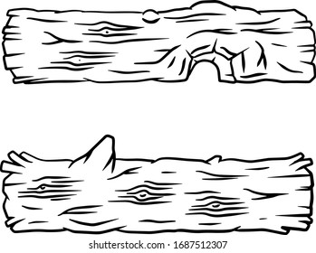Black and white sketch log. building material wood. Natural element. the environment of forest. Set of cartoon illustration