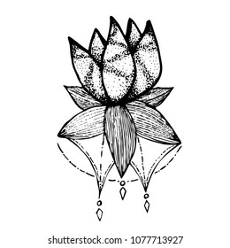 Black and white sketch of a Lotus flower vector illustration can be used for engraving or tattoo.