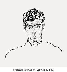 Black and white sketch of a man with curly hair and intense gaze. Artistic drawing captures the essence of the subject with expressive lines and shading. Vintage art painting vector.