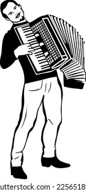 black and white sketch of a man playing the accordion 