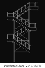 A black and white sketch of a metal fire escape with detailed railings, steps, and structural supports. The intricate drawing highlights the industrial design and functional elements of the emergency.