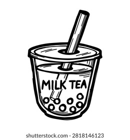 Black and white sketch of a milk tea beverage in a transparent cup with a straw, featuring bubbles and a simple design.