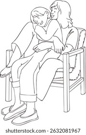 Black and white sketch of mother and daughter sitting on a chair and hugging. Vector illustration.