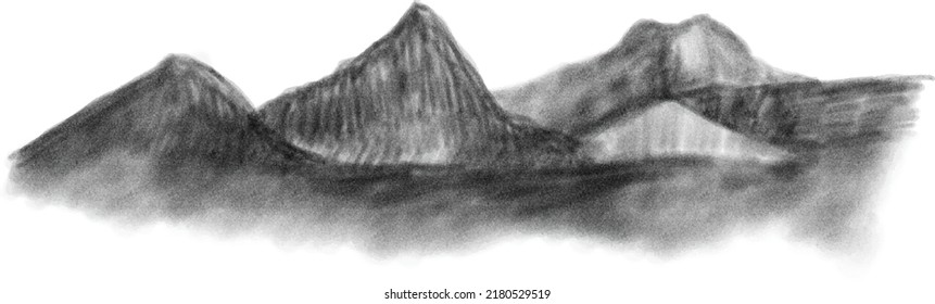 Black and white sketch of mountains. Vector illustration hand-drawn. Beautiful landscape. Design of background, template, wallpaper, wall.
