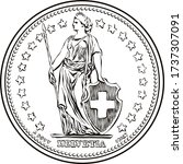 Black and white sketch of Obverse of 1 Swiss franc coin, Helvetia shown standing, the official coin used in Switzerland and Liechtenstein