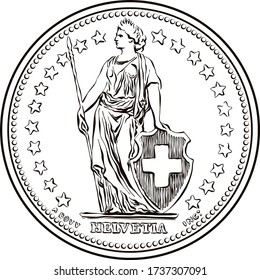 Black and white sketch of Obverse of 1 Swiss franc coin, Helvetia shown standing, the official coin used in Switzerland and Liechtenstein