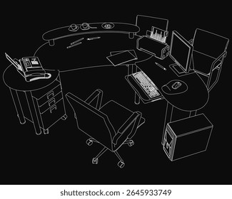 Black and white sketch of an office desk with two chairs, featuring a computer, keyboard, mouse, and monitor. A telephone and scattered documents complete the professional workspace.