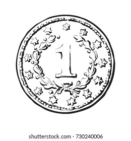 Black And White Sketch Of Old Coin With Number One. Hand Drawn Vector Illustration Isolated On White Background.