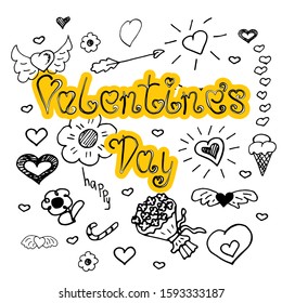 Black and white sketch on the theme of Valentine's Day. Big letters on a yellow background, a bouquet of roses, hearts with wings, Cupid's arrow, small flowers, art text.