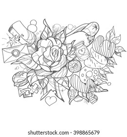 Black and white sketch on a theme of love, bouquet, cream, letters, sweets, hamburger.