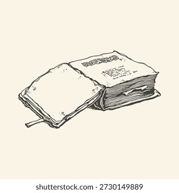 Un boceto en blanco y negro de un libro abierto y envejecido con un intrincado diseño de nudo celta en la columna vertebral, renderizado en un estilo de ilustración clásico.