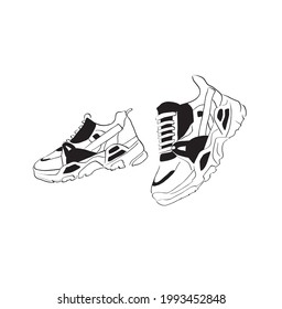 black and white sketch of a pair of white sneakers with black accents on a white background