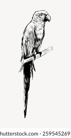 Black and white sketch of a parrot perched on a branch. Detailed parrot illustration with intricate feather patterns. Artistic parrot drawing in monochrome. Vintage vector illustration.