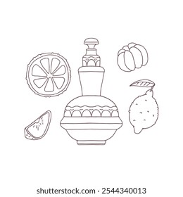 Esboço preto e branco com frasco de perfume e ingredientes cítricos, ilustração Vetor. perfume aromático com laranja, limão, toranja. Plano de fundo isolado. Ícone para design.