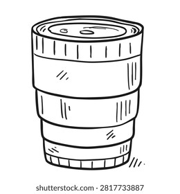 A black and white sketch of a photography camera lens showing details of the zoom barrel and focus ring