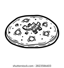 Black and white sketch of a pizza slice topped with pepperoni slices and cheese, showcasing a detailed and artistic food illustration.