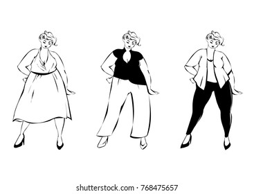 Black and white sketch of plus size fashion girls