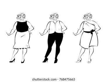 Black and white sketch of plus size fashion girls