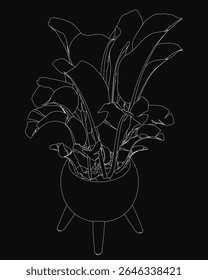 A black and white sketch of a potted plant with detailed leaves and stems, drawn in a loose artistic style on a dark background. The minimalist monochrome illustration suits home decor or floral.