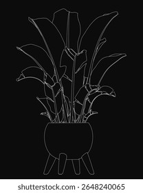 A black and white sketch of a potted plant with long, thin leaves and thick stems, drawn in a loose artistic style. The neutral-toned pot contrasts against the deep black background