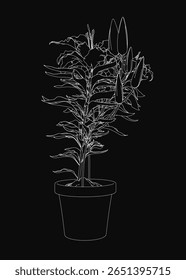 A black and white sketch of a potted plant with detailed leaves and stems, drawn in a minimalist style on a dark background. The monochrome artwork highlights the delicate contours of the flower.