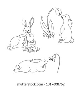 Black and white sketch of rabbits. Vector hand drawn rabbits.