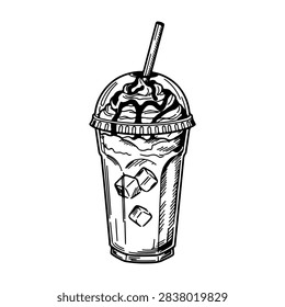 Black and white sketch of a refreshing ice coffee beverage in a transparent cup with ice cubes and a straw.