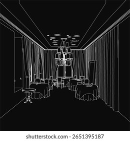 A black and white sketch of a restaurant interior features elegant dining tables, upholstered chairs, and a grand chandelier. Flowing curtains frame the scene, enhancing the sophisticated ambiance.