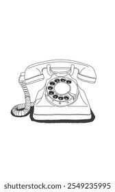 Black and white sketch of a retro landline telephone object with circle number