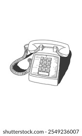 Black and white sketch of a retro landline telephone object with dial number and shadow