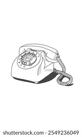 Black and white sketch of a retro landline telephone object 