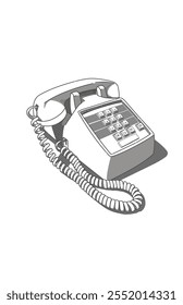 Black and white sketch of a retro landline telephone technology with dial number issolated on white and shadow